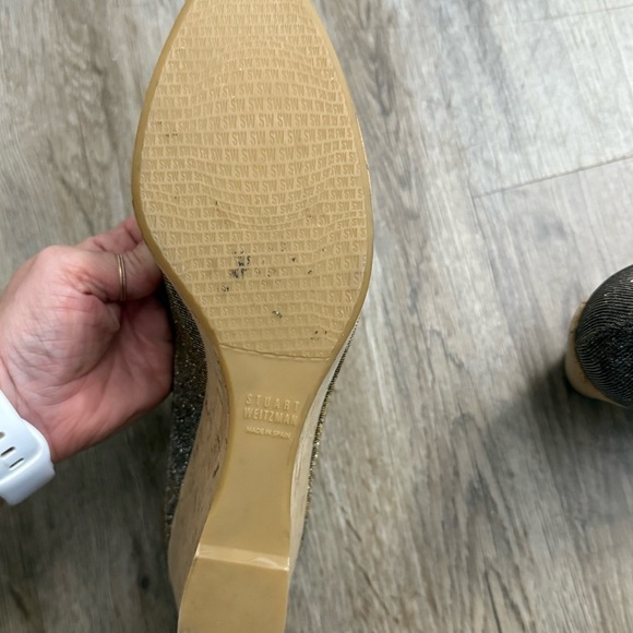 Stuart Weitzman • Anna Metallic Peep Toe Cork Platform Wedge Heels - Picture 9 of 15